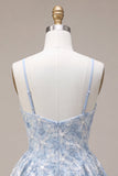 Vestido Curto de Finalistas Azul Bordado Floral A-Line com Folhos