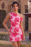 Fúcsia Bodycon Bordado Floral de Um Ombro Curto Vestido Curto de Regresso a Casa