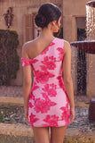 Fúcsia Bodycon Bordado Floral de Um Ombro Curto Vestido Curto de Regresso a Casa