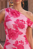 Fúcsia Bodycon Bordado Floral de Um Ombro Curto Vestido Curto de Regresso a Casa