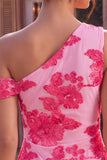 Fúcsia Bodycon Bordado Floral de Um Ombro Curto Vestido Curto de Regresso a Casa