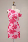 Fúcsia Bodycon Bordado Floral de Um Ombro Curto Vestido Curto de Regresso a Casa