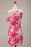 Fúcsia Bodycon Bordado Floral de Um Ombro Curto Vestido Curto de Regresso a Casa