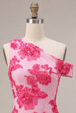 Fúcsia Bodycon Bordado Floral de Um Ombro Curto Vestido Curto de Regresso a Casa
