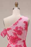 Fúcsia Bodycon Bordado Floral de Um Ombro Curto Vestido Curto de Regresso a Casa