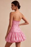 A-Line Cor-de-rosa Strapless Sem Lantejoulas, Bainha Bolha Franzida Vestido Curto de Regresso a Casa