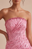 A-Line Cor-de-rosa Strapless Sem Lantejoulas, Bainha Bolha Franzida Vestido Curto de Regresso a Casa