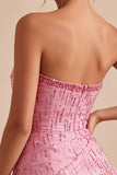 A-Line Cor-de-rosa Strapless Sem Lantejoulas, Bainha Bolha Franzida Vestido Curto de Regresso a Casa