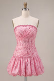 A-Line Cor-de-rosa Strapless Sem Lantejoulas, Bainha Bolha Franzida Vestido Curto de Regresso a Casa