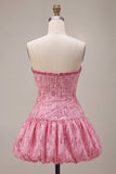 A-Line Cor-de-rosa Strapless Sem Lantejoulas, Bainha Bolha Franzida Vestido Curto de Regresso a Casa