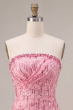 A-Line Cor-de-rosa Strapless Sem Lantejoulas, Bainha Bolha Franzida Vestido Curto de Regresso a Casa