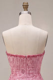 A-Line Cor-de-rosa Strapless Sem Lantejoulas, Bainha Bolha Franzida Vestido Curto de Regresso a Casa