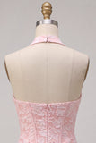 Espartilho Bodycon Rosa Floral Floral Necker Bodycon Jacquard Vestido Curto de Regresso a Casa