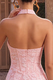 Espartilho Bodycon Rosa Floral Floral Necker Bodycon Jacquard Vestido Curto de Regresso a Casa