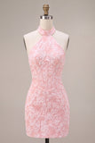 Espartilho Bodycon Rosa Floral Floral Necker Bodycon Jacquard Vestido Curto de Regresso a Casa