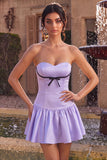Vestido Curto de Regresso a Casa, Cetim Sem Alças, Folhos A-Line Sem Alças, Vestido Curto de Regresso a Casa