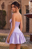 Vestido Curto de Regresso a Casa, Cetim Sem Alças, Folhos A-Line Sem Alças, Vestido Curto de Regresso a Casa