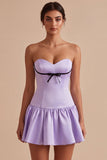 Vestido Curto de Regresso a Casa, Cetim Sem Alças, Folhos A-Line Sem Alças, Vestido Curto de Regresso a Casa