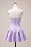 Vestido Curto de Regresso a Casa, Cetim Sem Alças, Folhos A-Line Sem Alças, Vestido Curto de Regresso a Casa