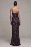 Vestido formal longo floral com gola de sereia preta