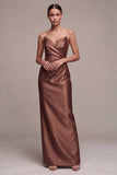 Café Vestido Formal Comprido de Cetim Sem Alças Franzidas