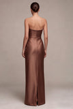 Café Vestido Formal Comprido de Cetim Sem Alças Franzidas