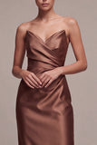 Café Vestido Formal Comprido de Cetim Sem Alças Franzidas