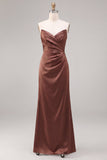 Café Vestido Formal Comprido de Cetim Sem Alças Franzidas