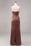 Café Vestido Formal Comprido de Cetim Sem Alças Franzidas