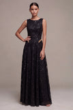 Vestido formal longo com lantejoulas pretas de gola redonda em linha A