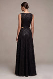 Vestido formal longo com lantejoulas pretas de gola redonda em linha A