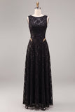 Vestido formal longo com lantejoulas pretas de gola redonda em linha A
