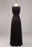 Vestido formal longo com lantejoulas pretas de gola redonda em linha A