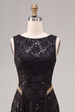 Vestido formal longo com lantejoulas pretas de gola redonda em linha A