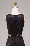 Vestido formal longo com lantejoulas pretas de gola redonda em linha A