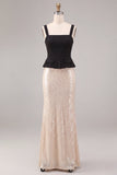 Vestido formal longo com gola quadrada em forma de sereia preta e branca