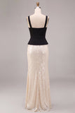 Vestido formal longo com gola quadrada em forma de sereia preta e branca