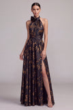Vestido formal longo preto, decote A-Line Halter e sem costas, com fenda