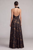 Vestido formal longo preto, decote A-Line Halter e sem costas, com fenda