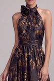 Vestido formal longo preto, decote A-Line Halter e sem costas, com fenda