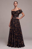 Vestido formal preto, longo e franzido com flores e linhas em A