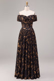 Vestido formal preto, longo e franzido com flores e linhas em A