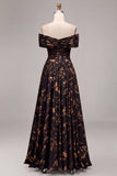 Vestido formal preto, longo e franzido com flores e linhas em A