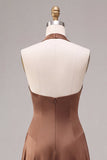 Vestido formal longo em linha A sem costas com decote de café em cetim
