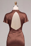 Cetim Coffee Coffee Sereia Vestido Formal Longo de Gola Alta com Mangas Curtas