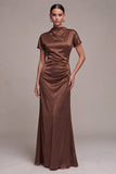 Cetim Coffee Coffee Sereia Vestido Formal Longo de Gola Alta com Mangas Curtas