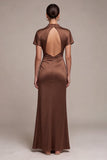 Cetim Coffee Coffee Sereia Vestido Formal Longo de Gola Alta com Mangas Curtas