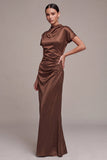 Cetim Coffee Coffee Sereia Vestido Formal Longo de Gola Alta com Mangas Curtas