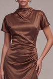 Cetim Coffee Coffee Sereia Vestido Formal Longo de Gola Alta com Mangas Curtas