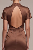 Cetim Coffee Coffee Sereia Vestido Formal Longo de Gola Alta com Mangas Curtas